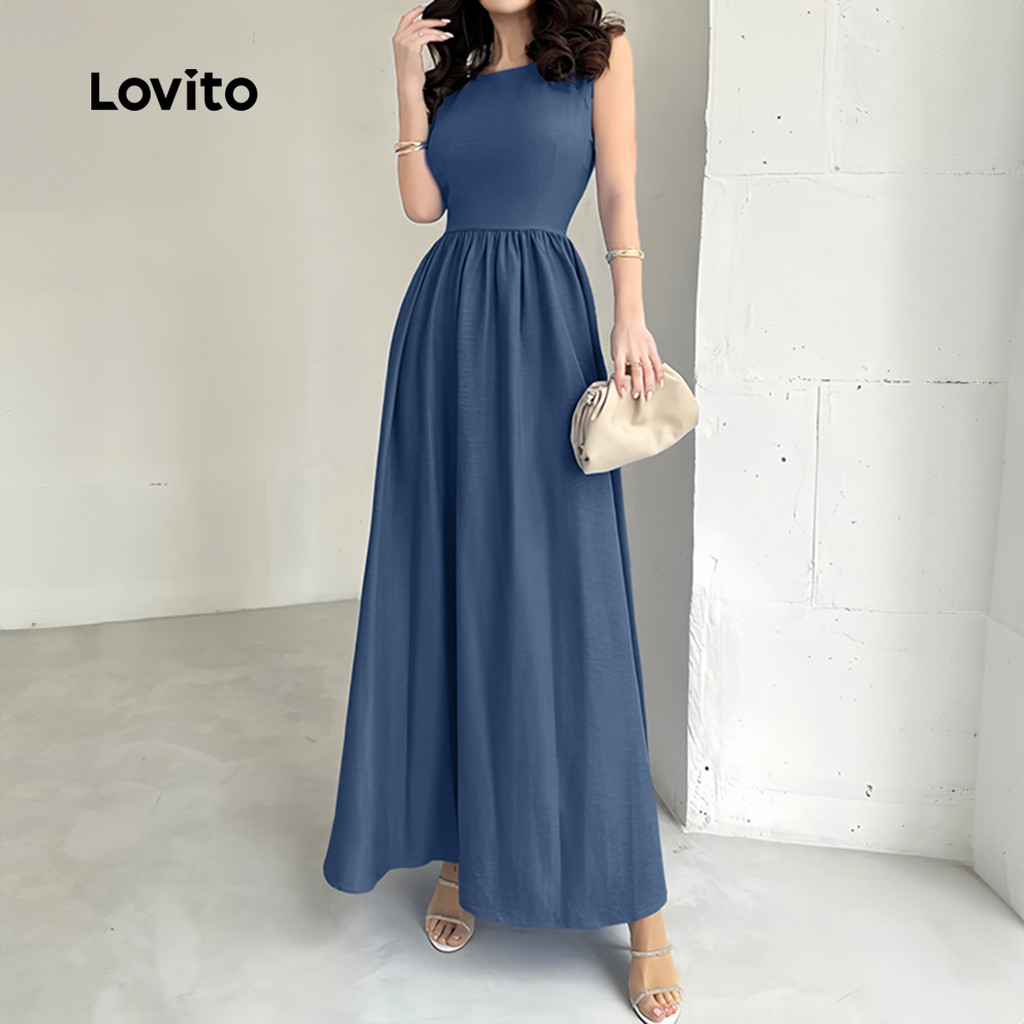Detalhes do Lovito Vestido Casual de Bolso Primavera/verão Azul para Mulheres L154ED260