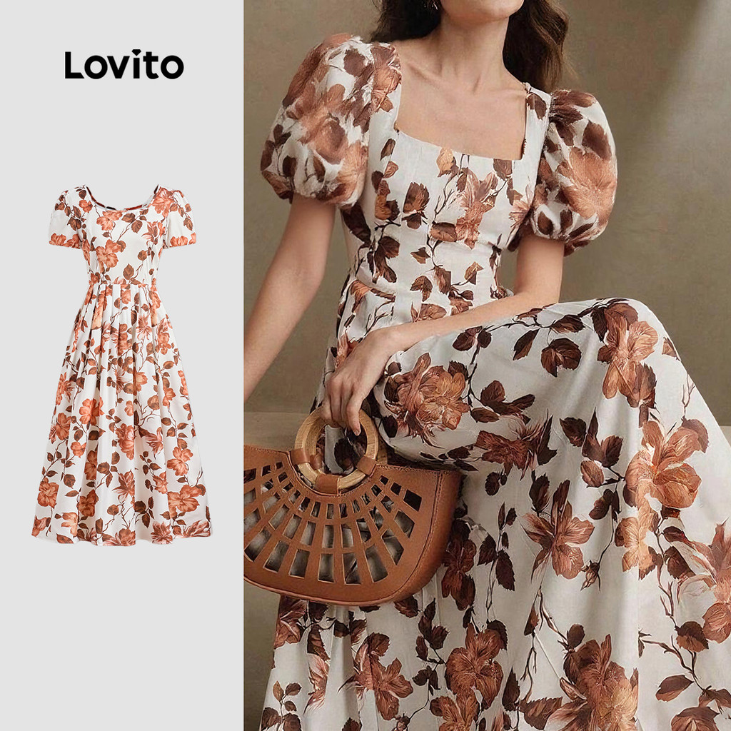 Lovito Vestido Elegante com Flores Primavera/Verão Multicolorido Vestido Evangélico para Mulheres LBL29041 em Oferta na Shopee