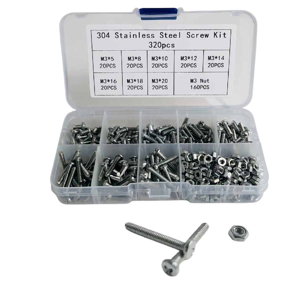 KIT 320 PARAFUSOS E PORCAS PHILIPS CABEÇA REDONDA M3 INOX