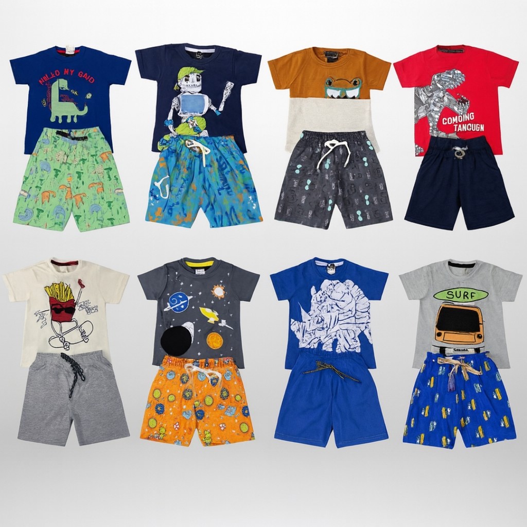 Kit 10 Peças Infantil Masculino Sortido Interativo Acabamento Premium Verão Dia a Dia De 1 a 8 Anos Tecido Confortável
