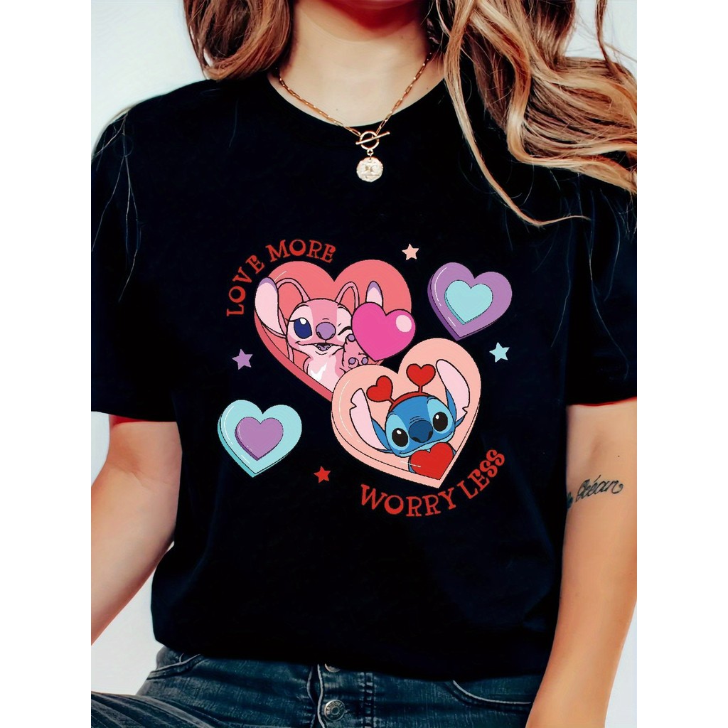 BR.Moonlight Camiseta Feminina Stitch Love More Worry Less Frase Y2K Azul Orelhas Estampada Confortável Divertida