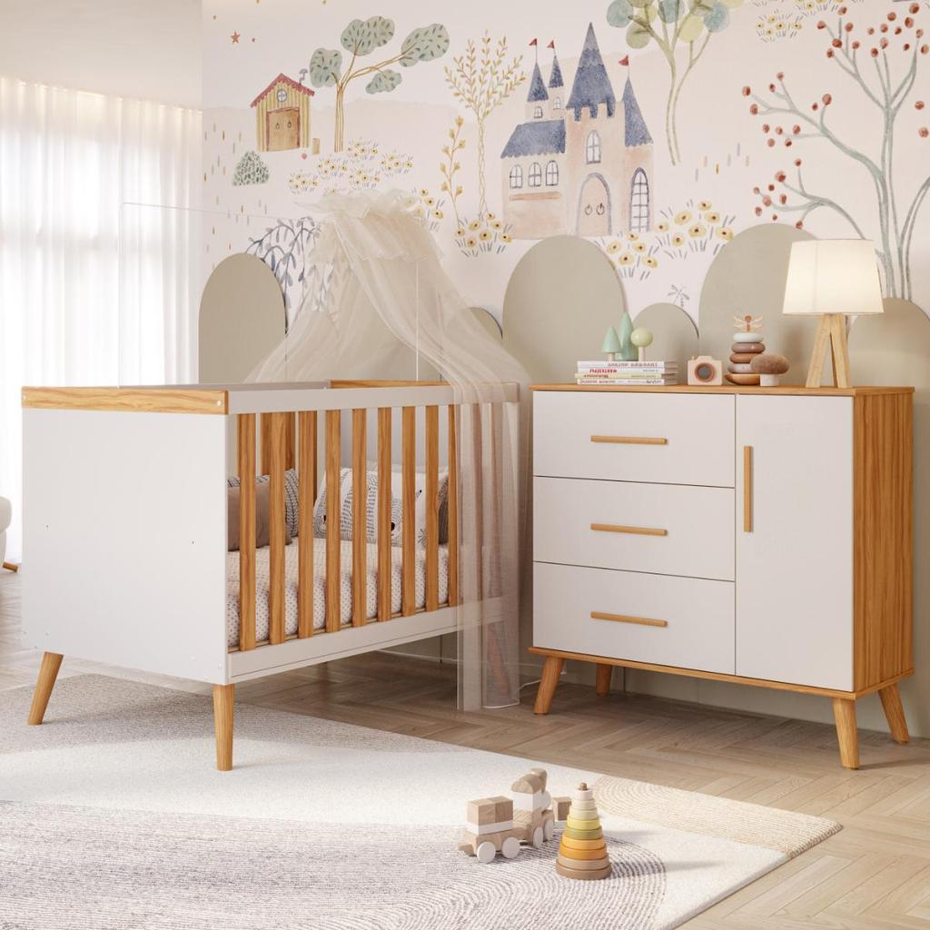 Quarto Bebê Completo Berço Americano Cômoda 1 Porta 100% MDF Pé Palito
