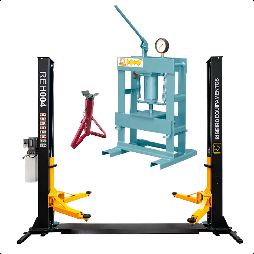 Kit Elevador 4 Ton Com Prensa De Bancada E 2 Cavaletes Ideal Para Manutenção Automotiva Em Oficina Feron FO983