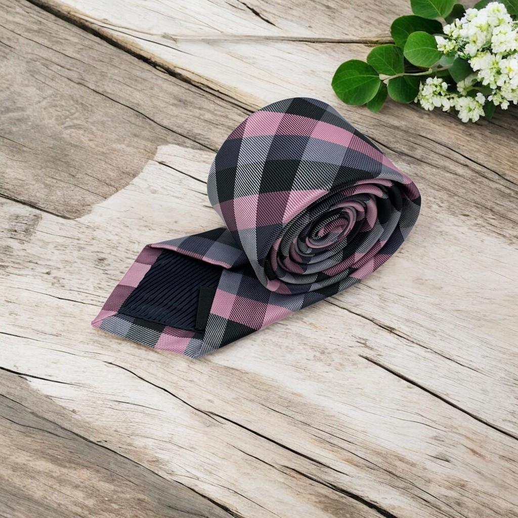 G510A-18Rosa e preto Xadrez Gravatas premium de otima qualidade para eventos e casamentos — imagem 2 de 2