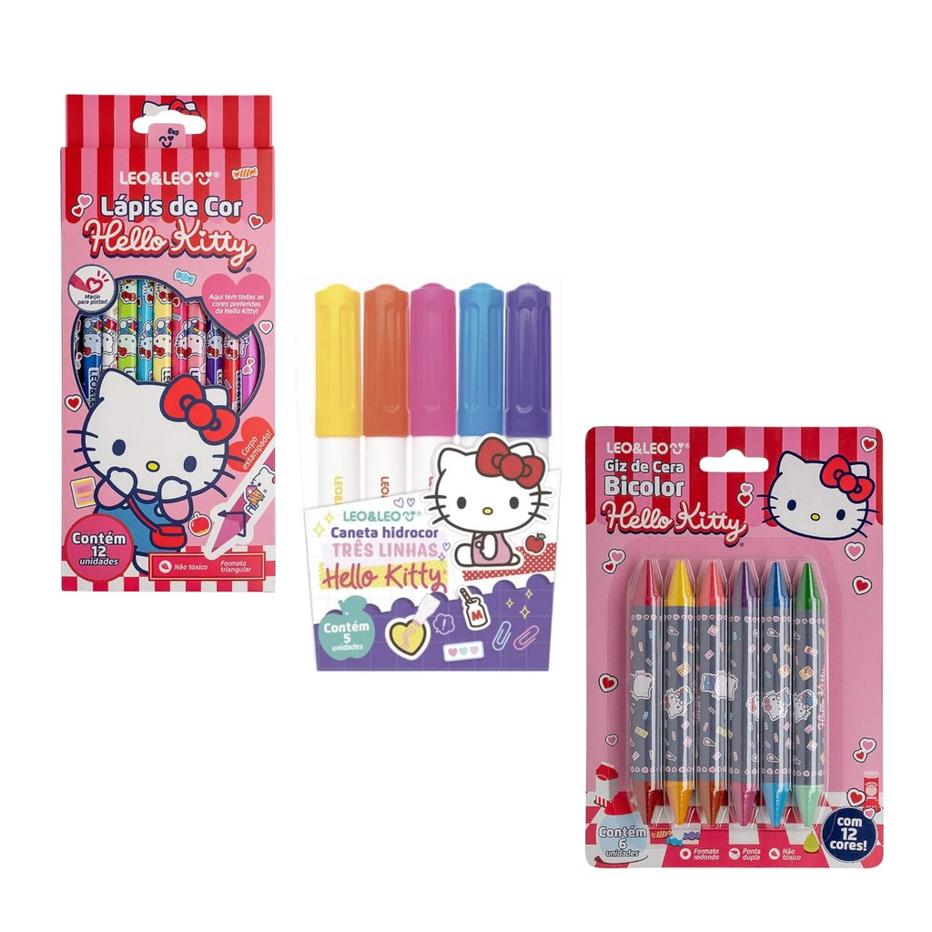 Kit de Pintura Hello Kitty Leo&Leo com Canetinhas, Giz de Cera e Lápis de Cor 12 Cores em Oferta na Shopee