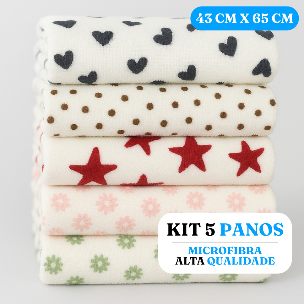 Kit 5 Panos de Microfibra 100% Microfibra Grande 43cm x 65cm
