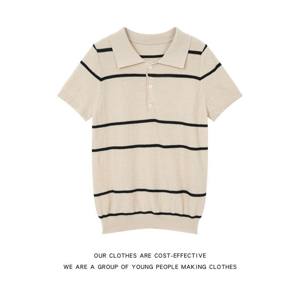 Japonês listrado gola Polo camisola de manga curta masculina verão novo estilo respirável moda Wear lapela meia manga ca