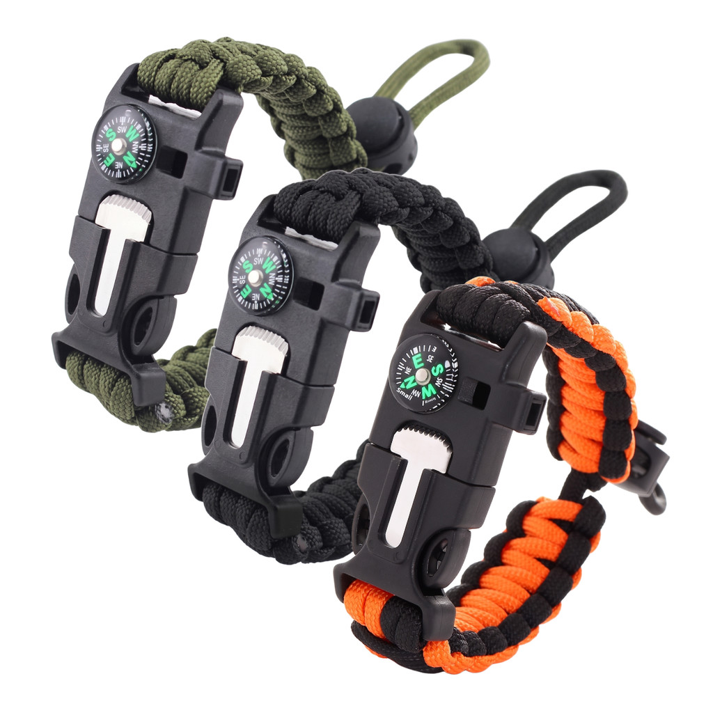 Pulseira Paracord de Sobrevivência Tática Ajustável Militar Pederneira Bússula Preta Verde Laranja