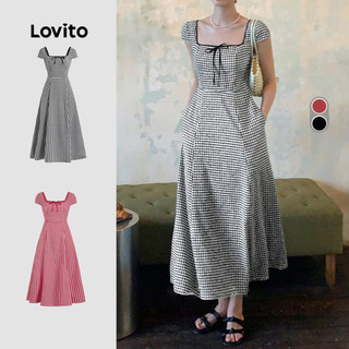 Lovito Casual Vestido Com Contraste E Amarração Primavera/verão Vestido Preto E Branco Para Mulheres Bordado L138AD873