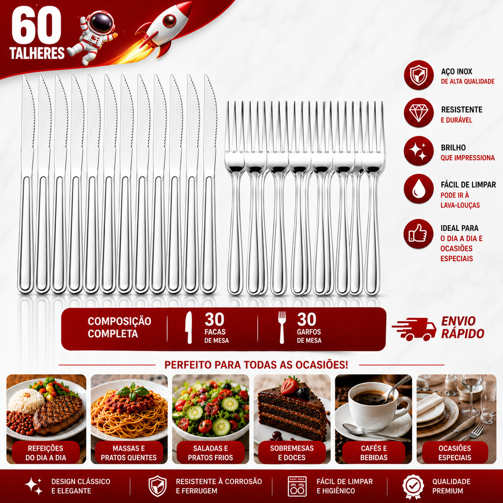 Jogo Kit 60 Garfos e Faca Inox Refeição Talheres Profissional Restaurante Buffet Churrasco Alta Resistência