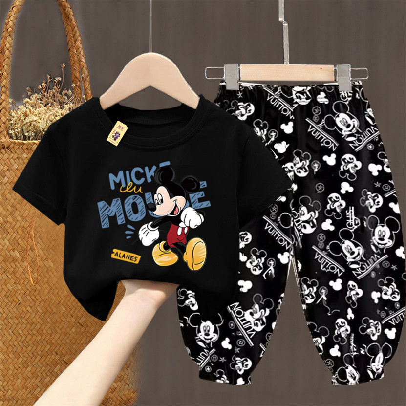 Crianças crianças verão puro algodão fino terno meninos meninas Mickey camiseta bebê verão calças Mosquito médio pequena