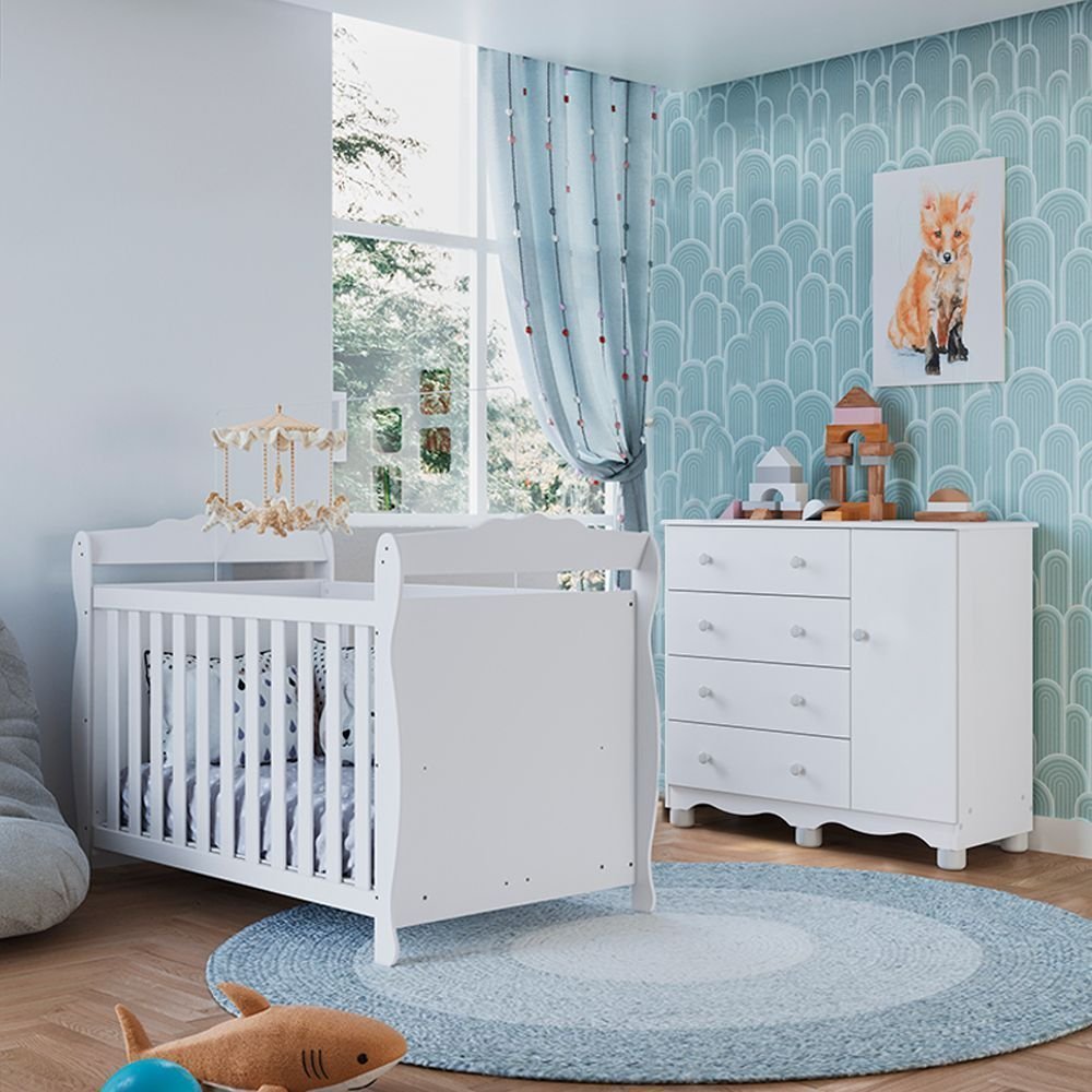 Quarto de Bebê com Cômoda 1 Porta e Berço Minicama 100% MDF Nina Espresso Móveis Branco/Brilho Branco Brilho