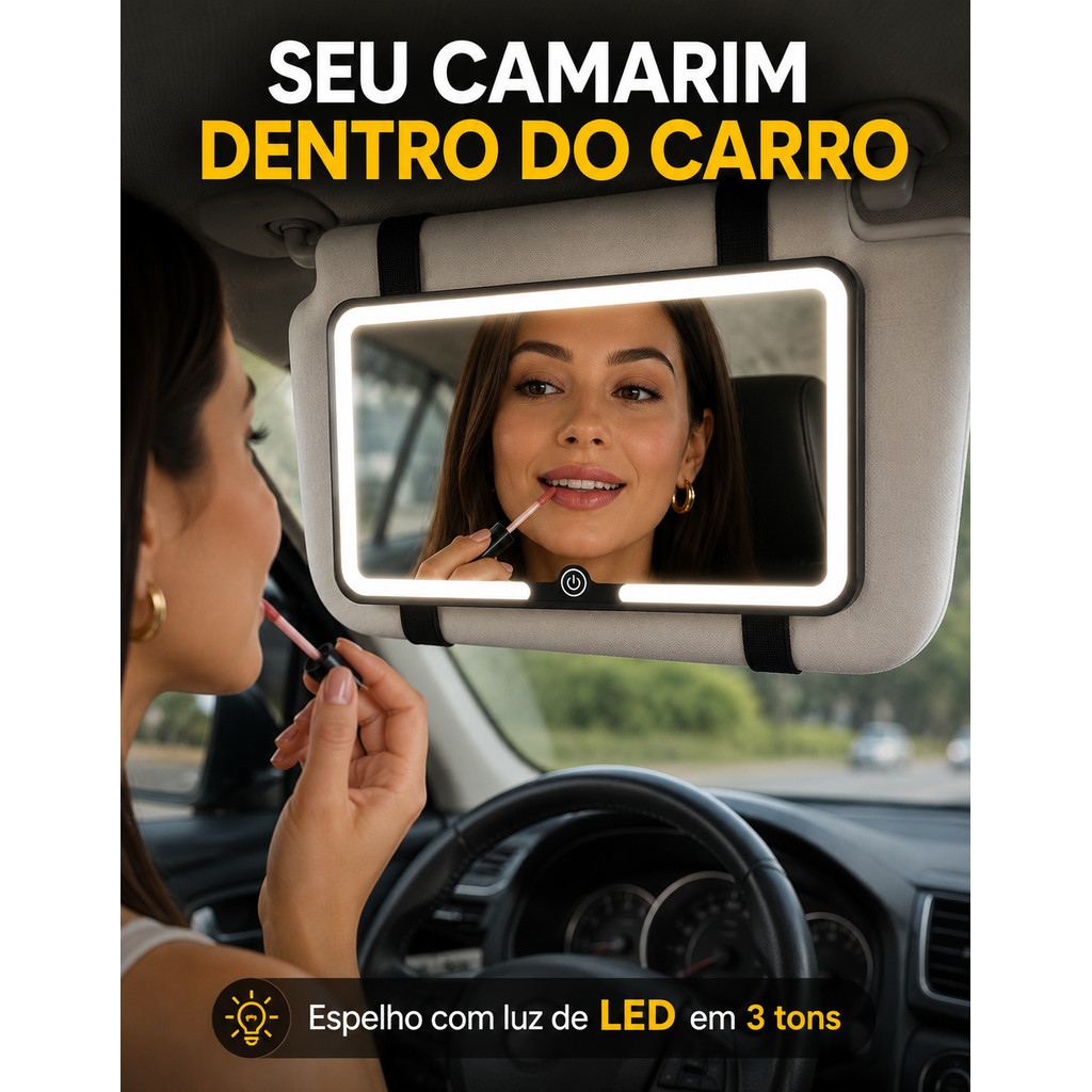 Espelho Carro Maquiagem Quebra-Sol LED Recarregável USB 3 Modos Touch Grande Presente Mia Utilidades
