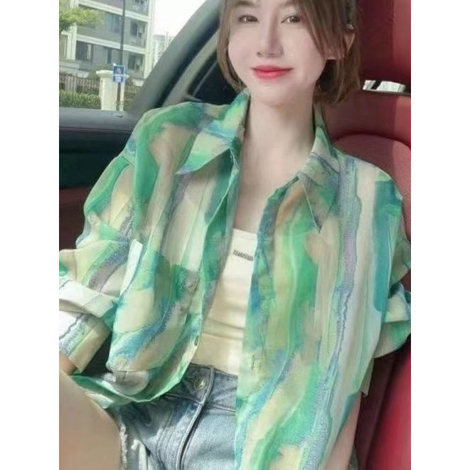 Bens europeus verde impresso Chiffon protetor solar camisa feminina 2025 primavera verão moda solta camisa Casual jaquet