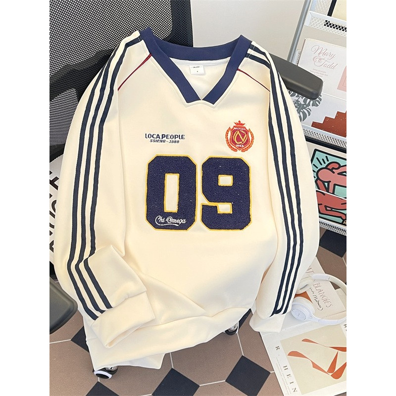Primavera americano com decote em V estilo esportivo manga comprida moletom sem capuz camisa masculina contraste cor Ret