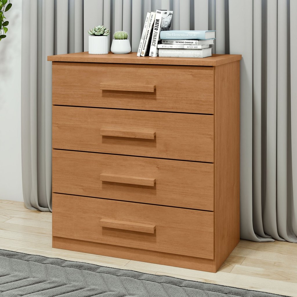 Cômoda para Quarto 4 Gavetas Puxadores Cromados Moderno Baião 88cm Marrom Amêndoa Clean Amêndoa Clean
