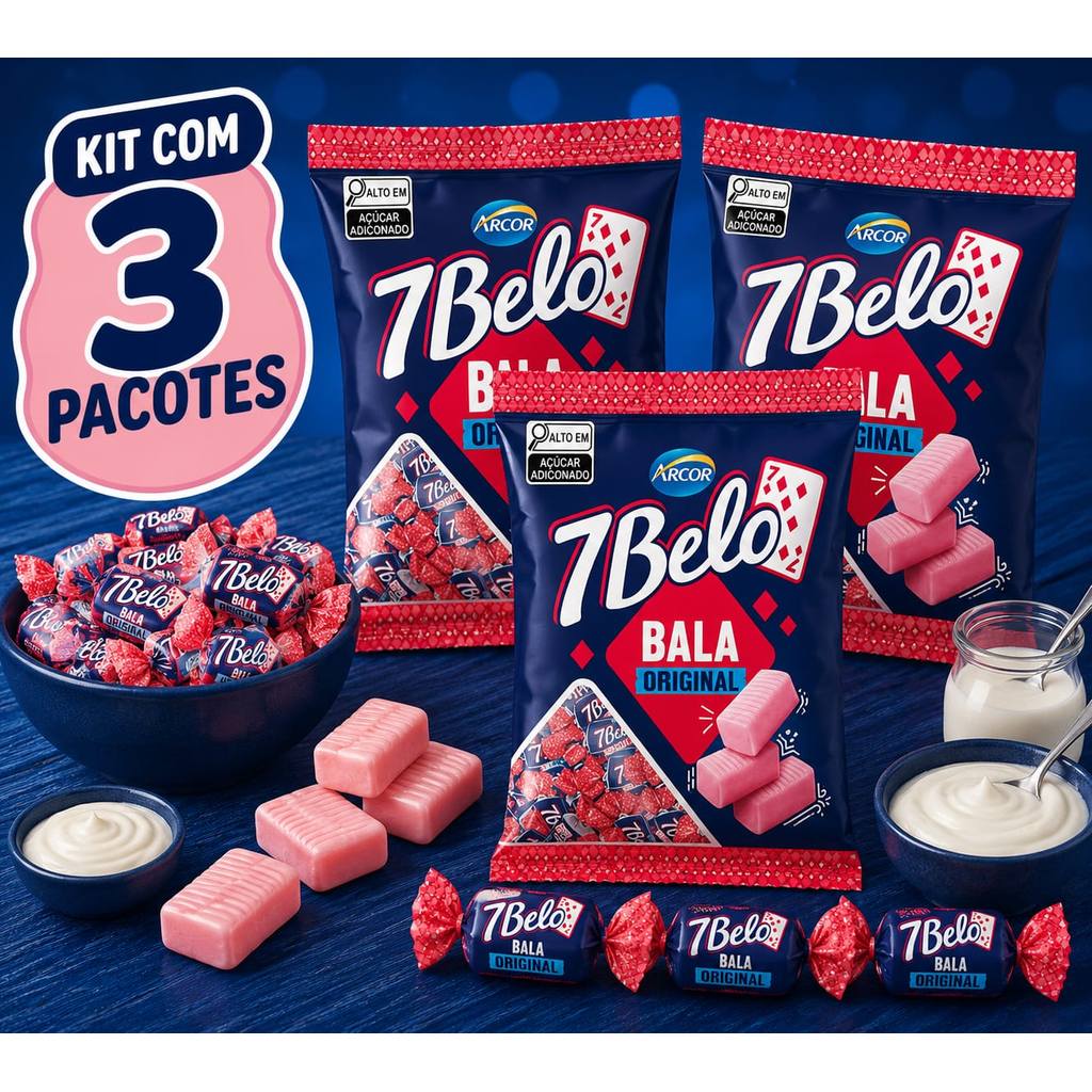 Kit Com 3 Balas Mastigável 7 Belo Framboesa Arcor 90g