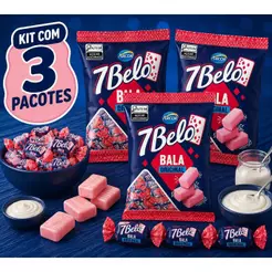 Kit Com 3 Balas Mastigável 7 Belo Framboesa Arcor 90g