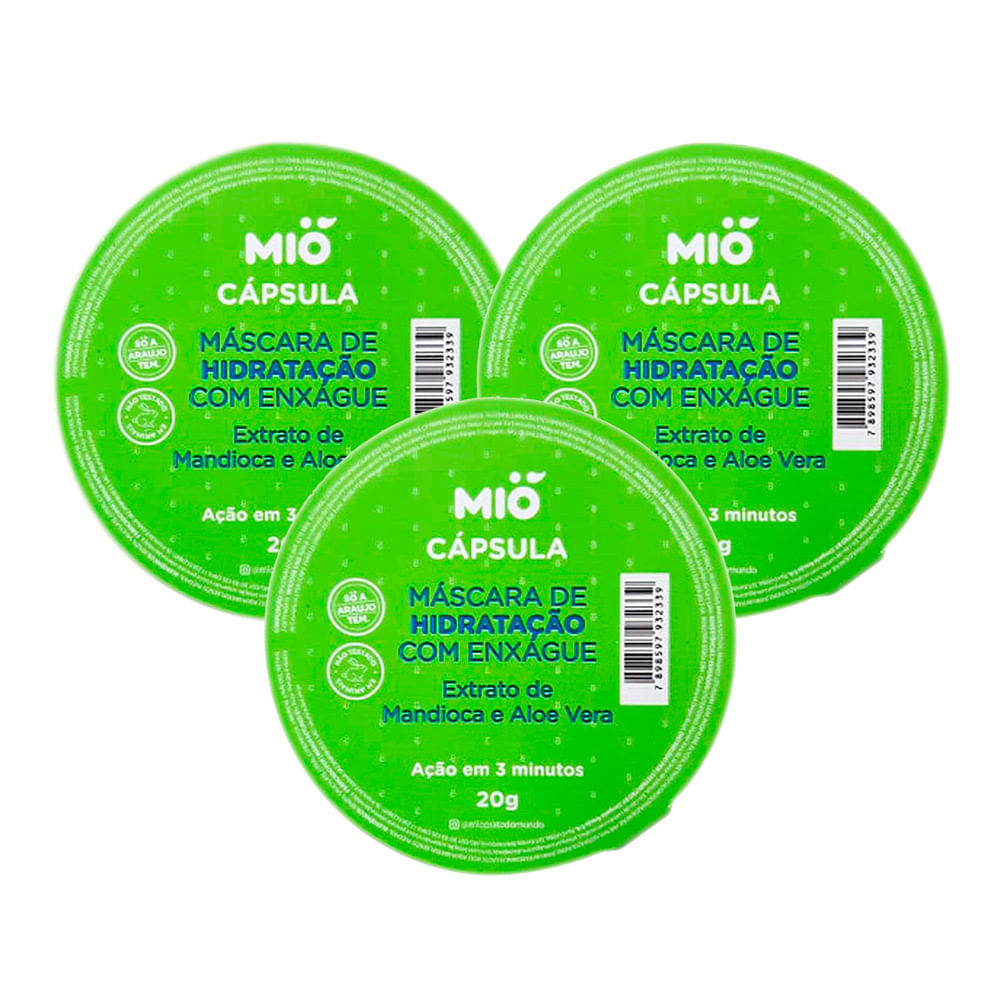 Kit 3 Máscara de Hidratação Capilar Mió Extrato de Mandioca e Aloe Vera Cápsula 20g