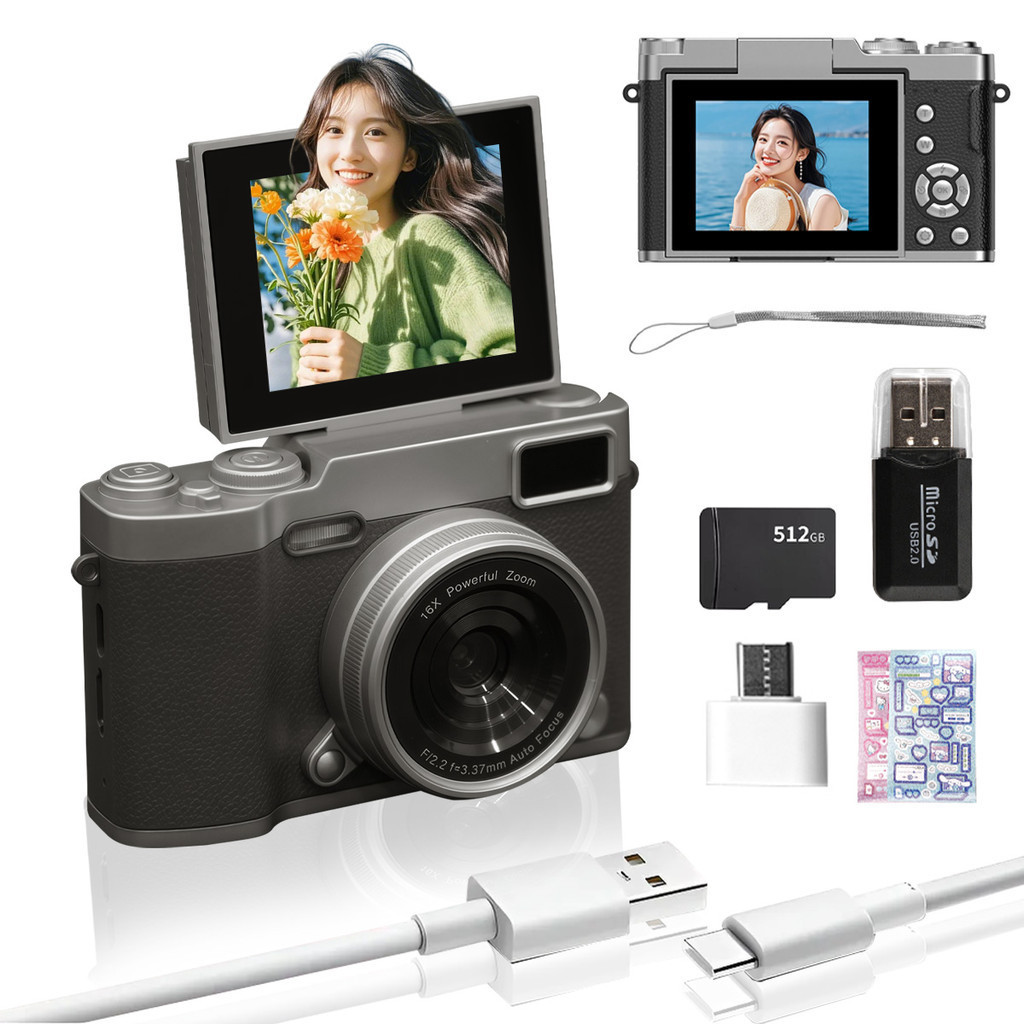 Câmera Digital 4K Ultra HD 48MP CCD Retro Vintage Zoom 16X Vlog Selfie Compacta + Cartão 512GB
