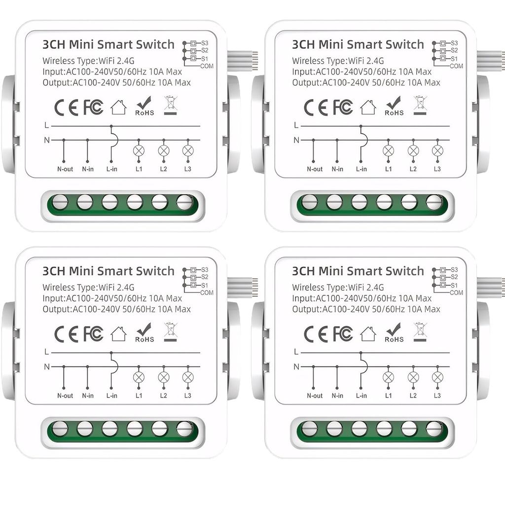 Interruptor Inteligente WiFi Mengshen de 4 Peças, Mini Interruptor Inteligente, sem necessidade de gateway, função de te
