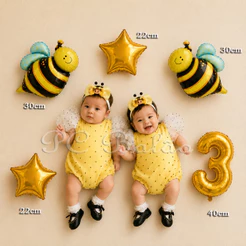 Kit 5 Balão Metalizado 2 ABELHA PEQUENA + 2 ESTRELA DOURADA 22CM + N° 40CM DOURADO ABELHINHAS JARDIM