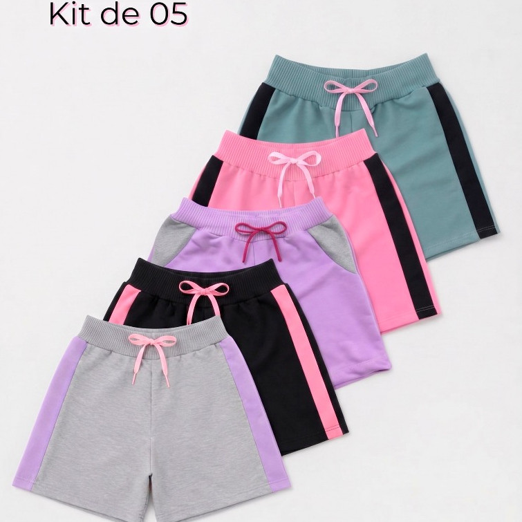 Kit 5 Shorts Moletinho Infantil listra Feminino Menina Bermuda Escolar Casual Confortável Dia a Dia Verão Algodão