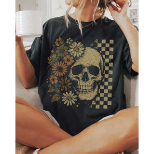Camiseta Feminina Estampa de Crânio e Flores Moderna Estilosa Confortável Moda Feminina Casual
