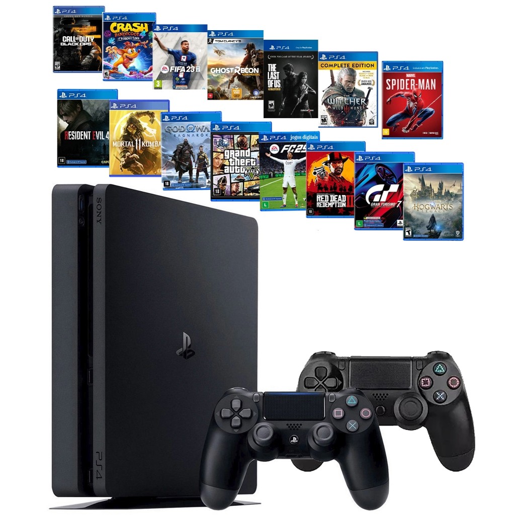 Sony Playstation 4 500gb ou 1000gb Ps4 Slim Com 1 ou 2 Manetes + Ea Fc Fifa 26 + God Raganarok + Gta 5 + 40 Jogosss