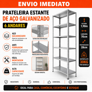 Prateleira de Aço Galvanizada 6 Bandejas 70cm Reforçada 30kg Multiuso Organizador