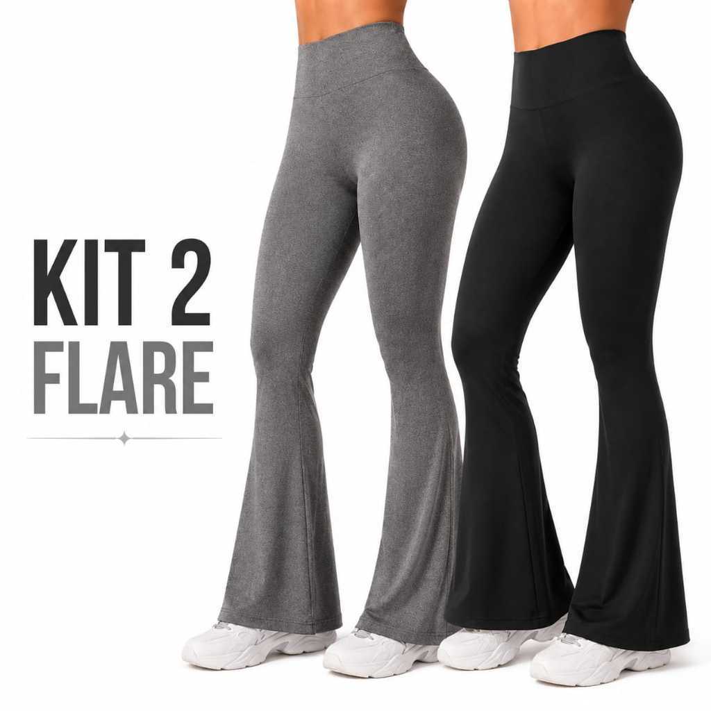KIT 2 Calças Legging Flare Bailarina Boca de Sino Grossa Fitness Academia Zero Transparência