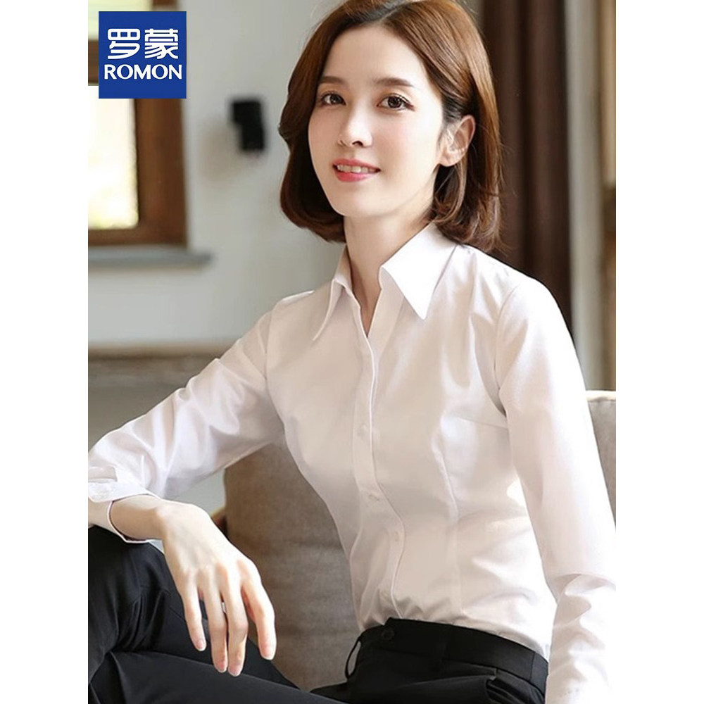 Romon camisa branca feminina roupa profissional de manga comprida com decote em V roupa Formal roupas de trabalho 2026 n