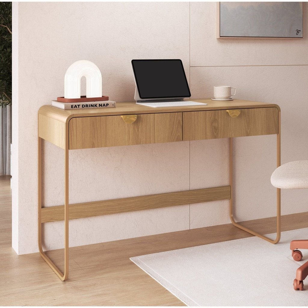 Escrivaninha Orgânica Pé Metal Luna 2 Gavetas 125cm Hanover e Dourado Bege Hanover/Dourado
