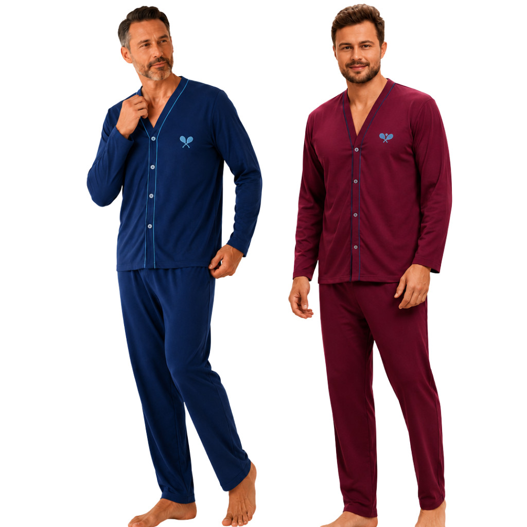 Kit 2 Pijamas Masculino Aberto na Frente Manga Longa e Calça Comprida Pós Cirúrgico Americano