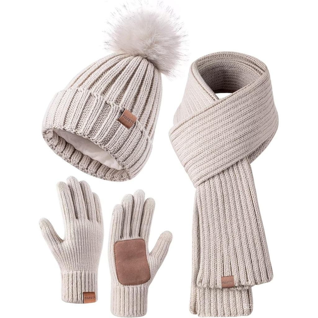 Conjunto de Gorro, Cachecol e Luvas de Inverno para Mulheres, Gorro Feminino com Pom Pom, Cachecol Longo, Aquecedor de P