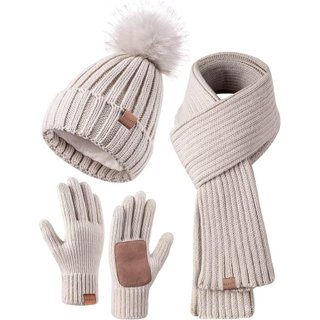 Conjunto de Gorro, Cachecol e Luvas de Inverno para Mulheres, Gorro Feminino com Pom Pom, Cachecol Longo, Aquecedor de P