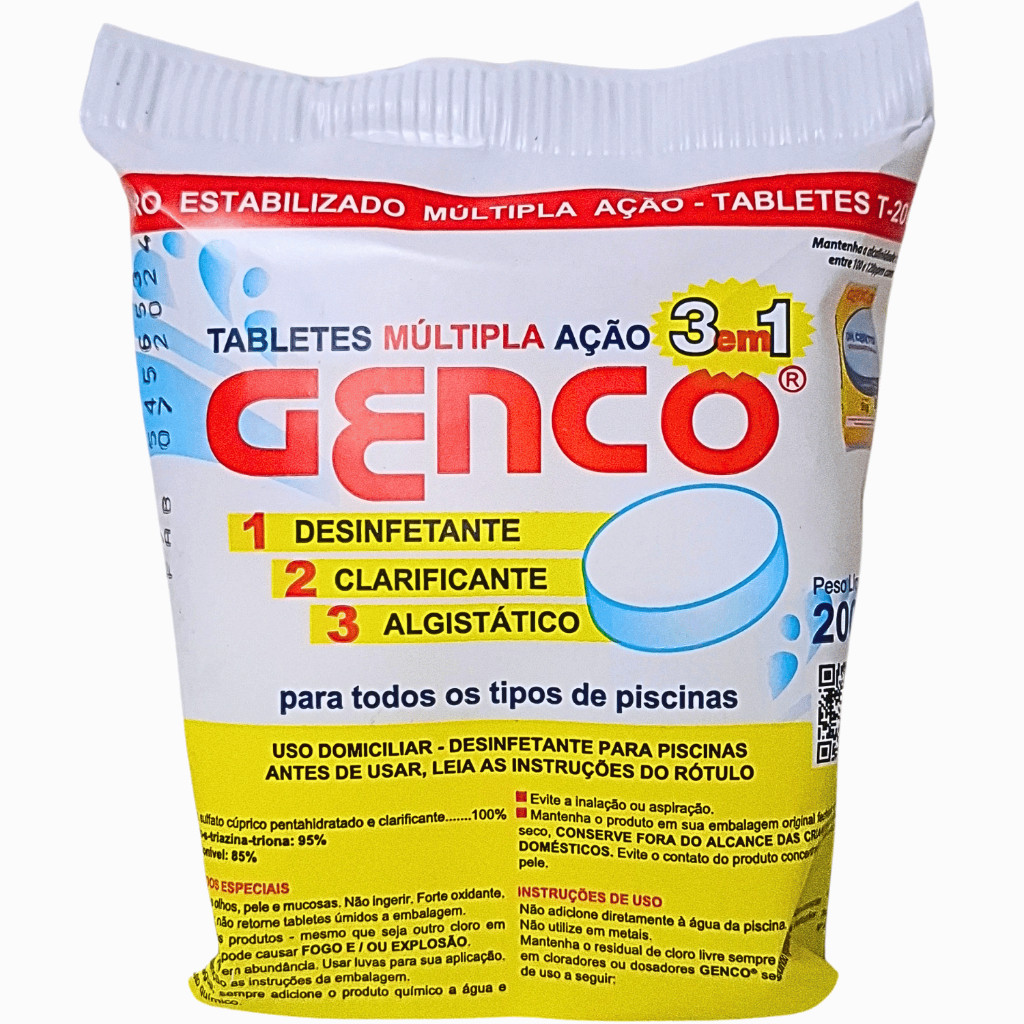 Cloro 3 em 1 Tablete 200g Multipla Ação Piscina Desinfetante Clarificante e Algistático Agua