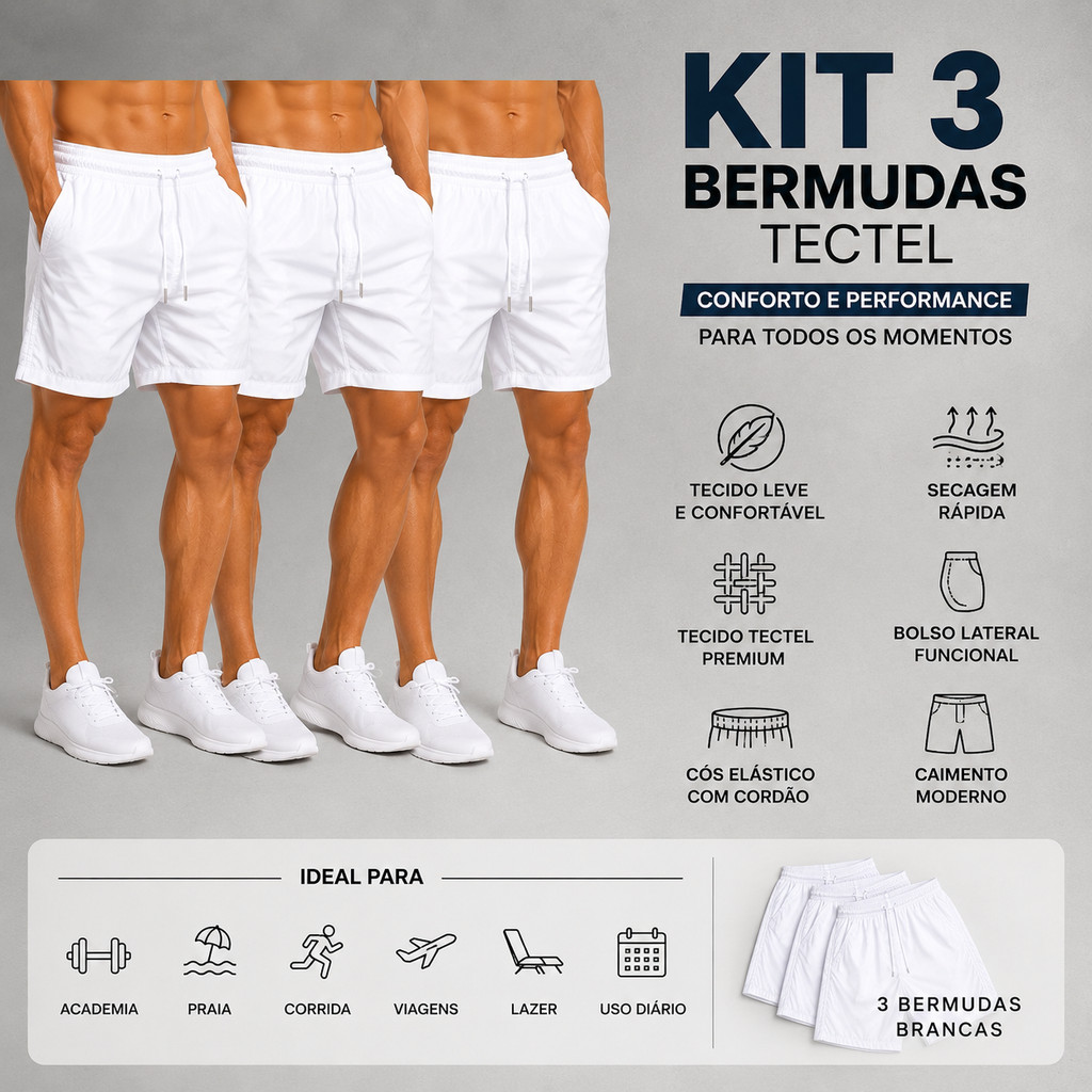 Kit 3 Shorts Masculino Tactel com Elastano Academia Praia Mauricinho Leve Confortável Casual