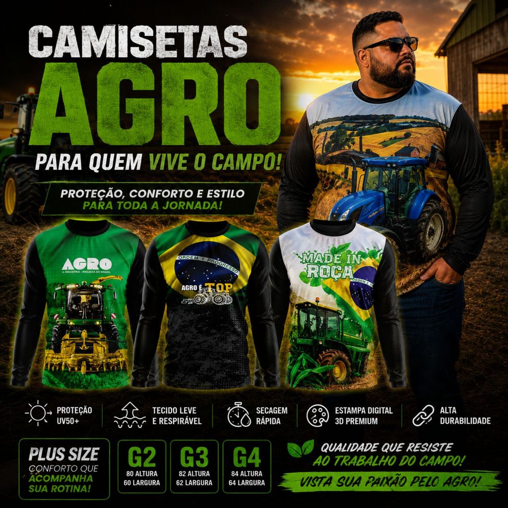 Camisa Camiseta Plus Size Masculina/Feminina Uv Proteção Solar Agro Rural Trator