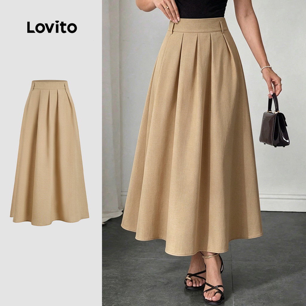 (New Arrival) Lovito Saias Elegantes Plissadas com Zíper Primavera/verão Cáqui para Mulheres LBL36083