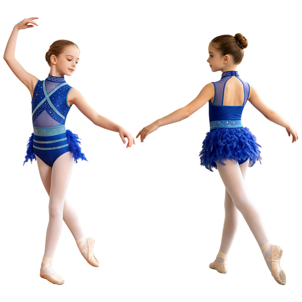 Yeahdor Crianças Meninas Dança Desempenho Traje Simulado Pescoço Sem Mangas Malha Retalhos Pena Recorte Volta Brilhante — imagem 2 de 2
