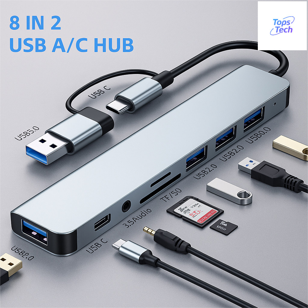 Hub USB Type C 8 Em 1 Com Leitor De Cartão Divisor 3.0 2.0 SD TF Docking Station-TOPS