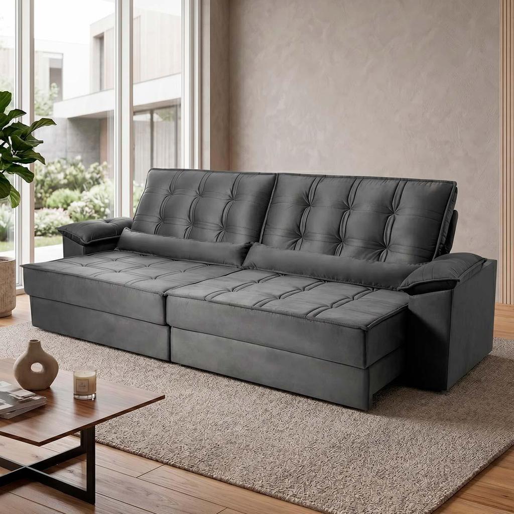 Sofá Retrátil Reclinável 3,00m Ascari Suede Velut Cinza molas Ensacadas - King House