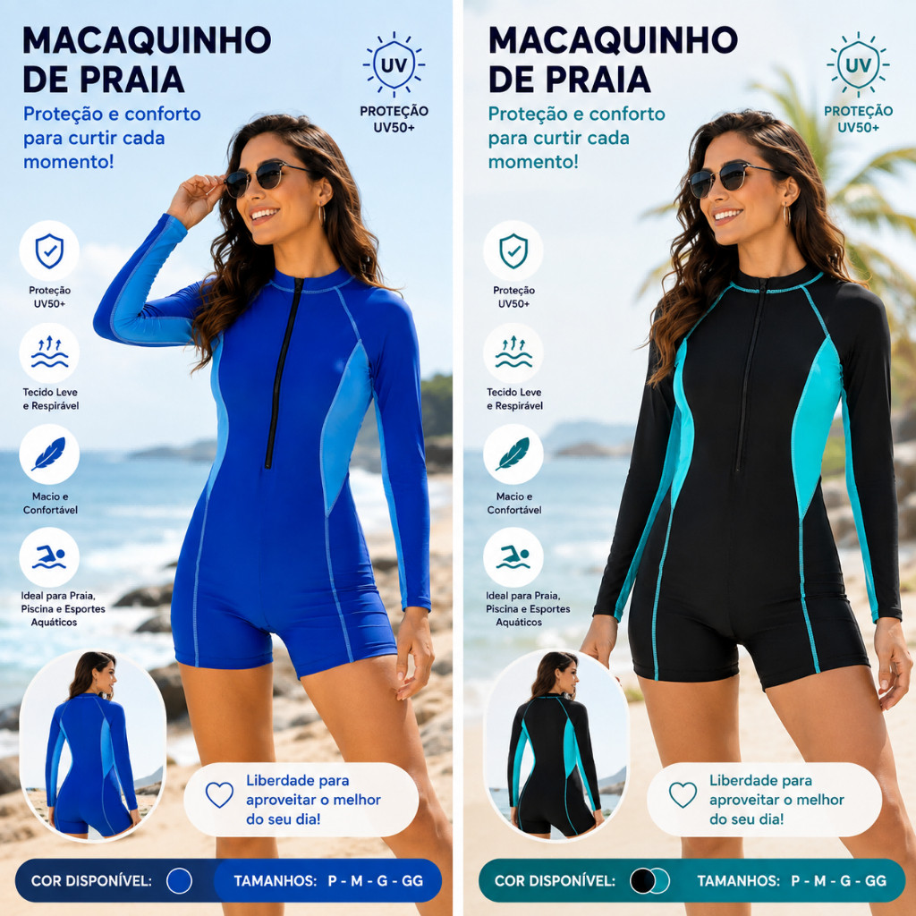 Maiô Macaquinho Manga Longa Com Zíper Proteção UV Roupa De Banho Natação Praia Feminino Surfe Moda Praia 8740