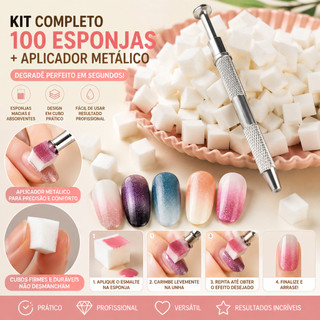 Kit 100 Esponjas para Unhas Nail Art Degradê + Aplicador Metálico Profissional