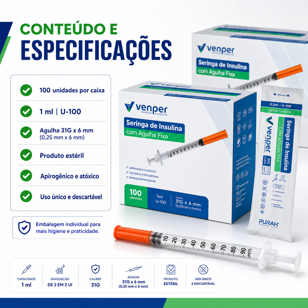 KIT 20 SERINGAS DE INSULINA 1ML 100UI AGULHA FIXA 31G ULTRAFINA 6MM X 0,25MM VENPER PURAH