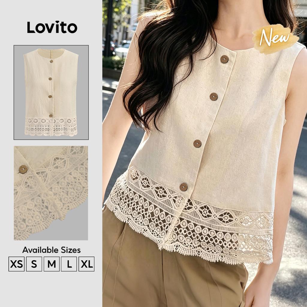 (New Arrival) Lovito Top Casual com Babados Botões e Manga Curta Cor Damasco para Mulheres primavera/verão TKB202P2D180