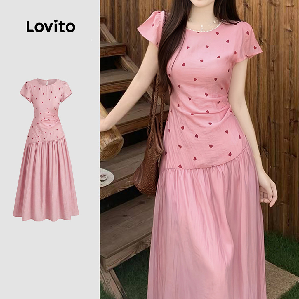 (New Arrival) Lovito Vestido Casual Feminino Rosa de Primavera/verão Tecido em C