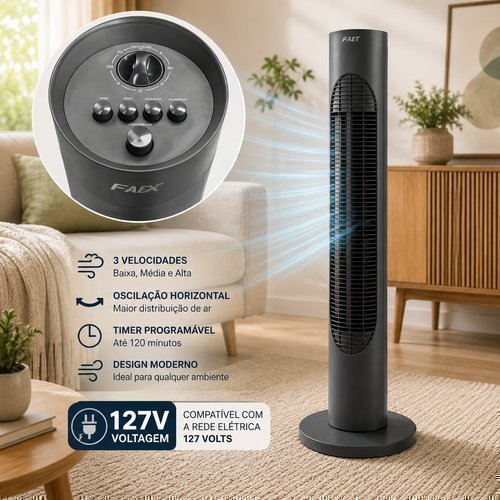 Ventilador Torre Oscilante 3 Niveis Velocidade Silencioso Compacto 127v