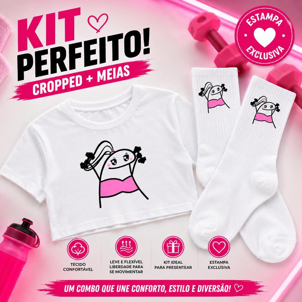 Kit Cropped Feminino Estampado + Par de Meias Femininas Conjunto Casual Confortável Moderno Look Academia Fitness